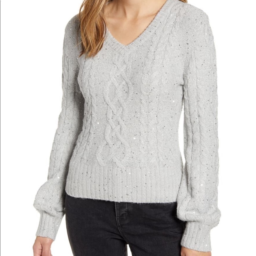 Rachel Parcell Sequin Knit Puff Sleeve Sweater XS